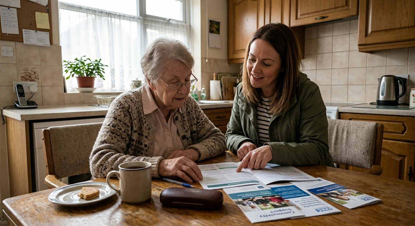 A senior woman reviews local HUD grant paperwork at her kitchen table with a friendly community worker.