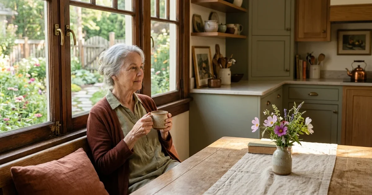 A senior woman sitting peacefully by her sunny kitchen window holding a warm mug.