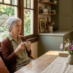 A senior woman sitting peacefully by her sunny kitchen window holding a warm mug.