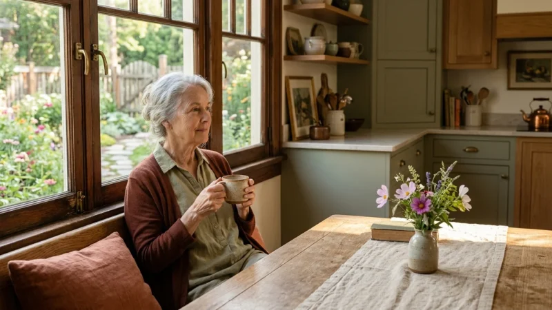 A senior woman sitting peacefully by her sunny kitchen window holding a warm mug.