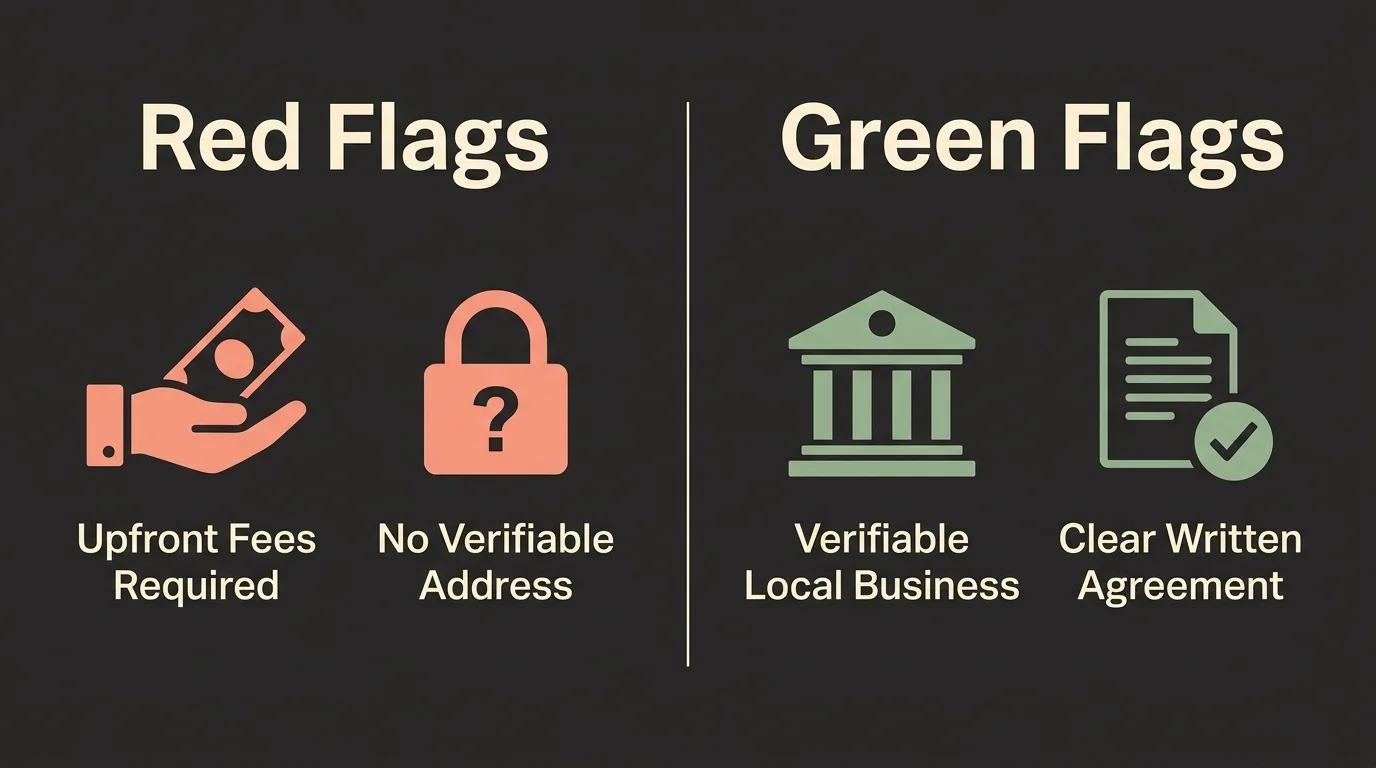 A side-by-side infographic comparing employment red flags like upfront fees with green flags like verifiable business details.