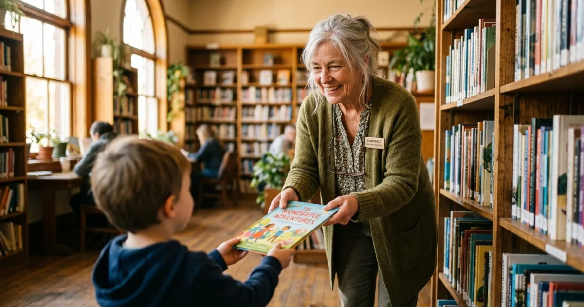 A smiling senior woman working part-time as a librarian assistant hands a book to a child in a sunlit public library.