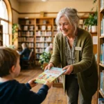 A smiling senior woman working part-time as a librarian assistant hands a book to a child in a sunlit public library.