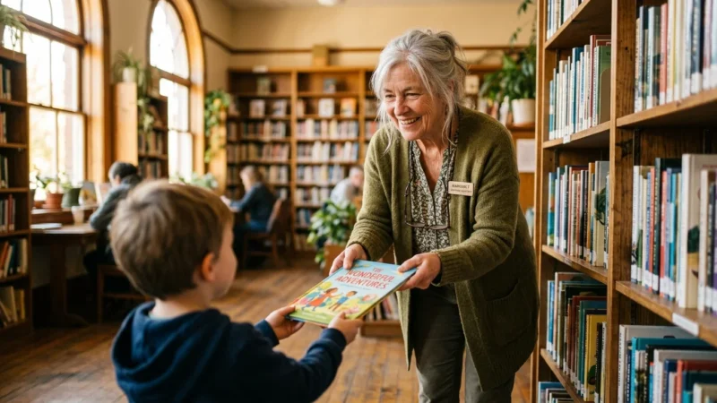 A smiling senior woman working part-time as a librarian assistant hands a book to a child in a sunlit public library.