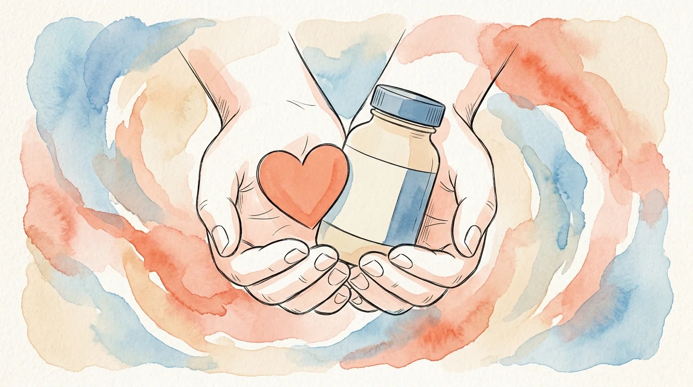 A soft watercolor illustration of gentle hands cradling a heart and a medicine bottle, symbolizing charitable co-pay assistance.