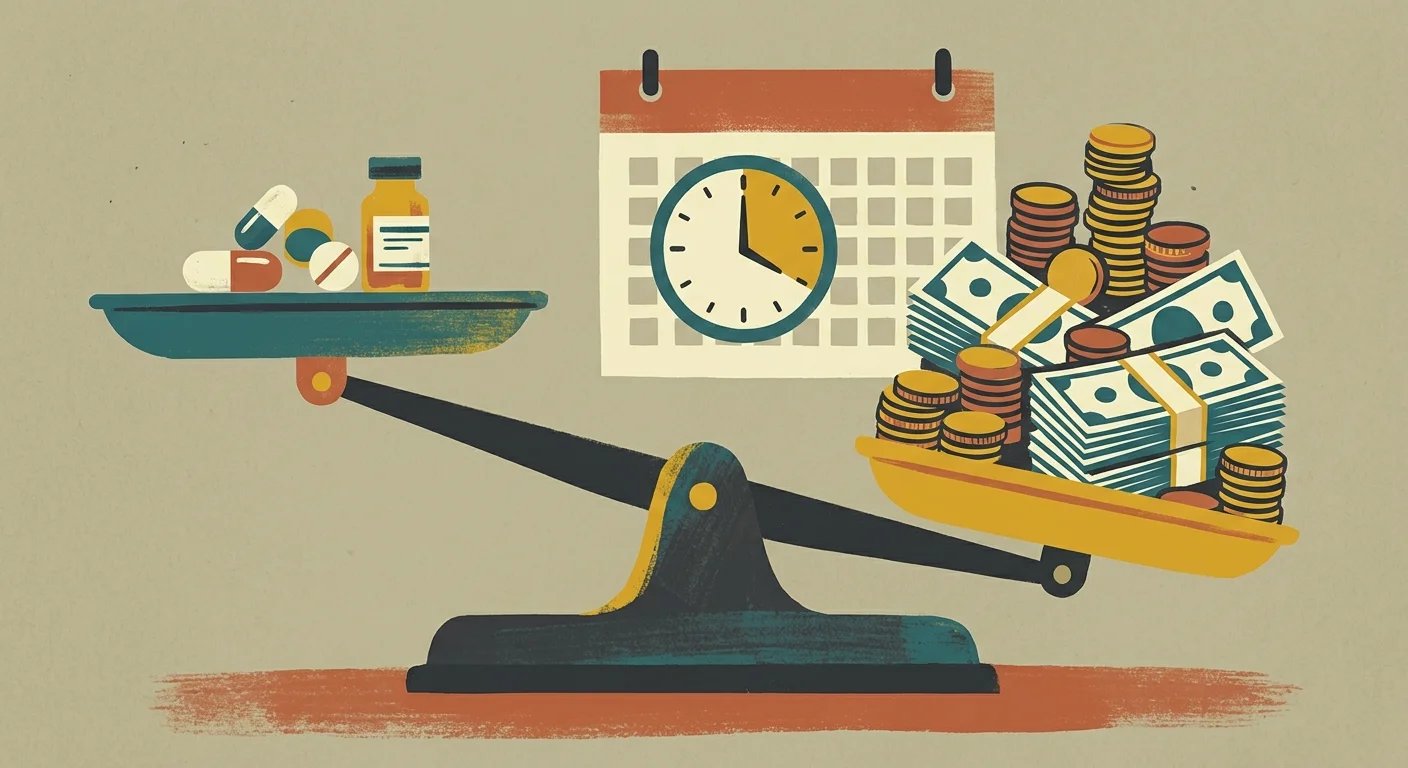 A stylized gouache illustration of a balance scale showing a small pile of pills outweighed by a mountain of money.