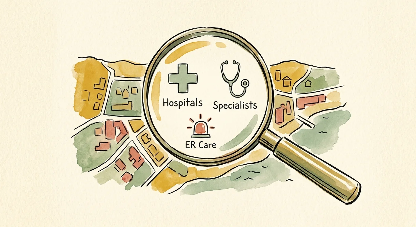 A stylized gouache illustration of a magnifying glass highlighting hospital and specialist icons on a coastal town map.