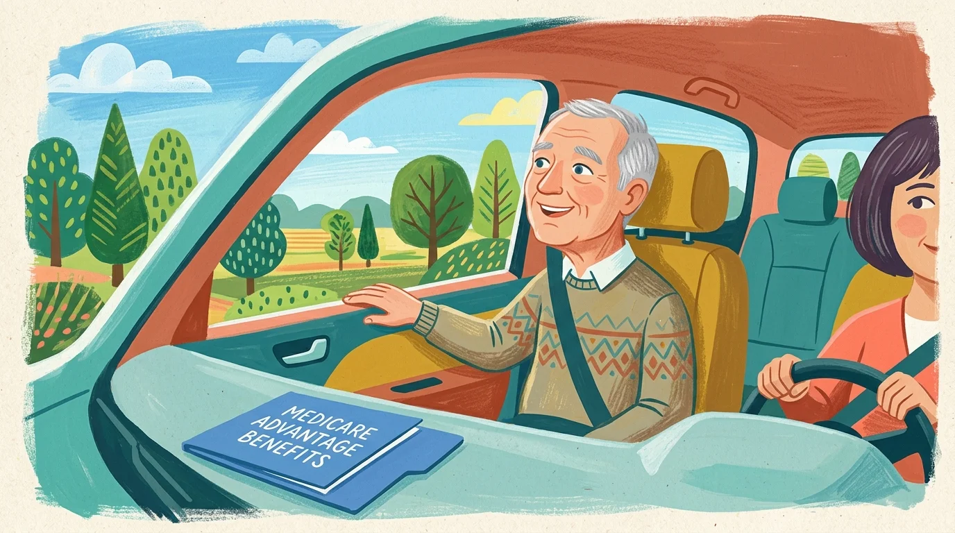 A stylized gouache illustration of an older man riding in a passenger seat, with a folder labeled Medicare Advantage Benefits on the dash.