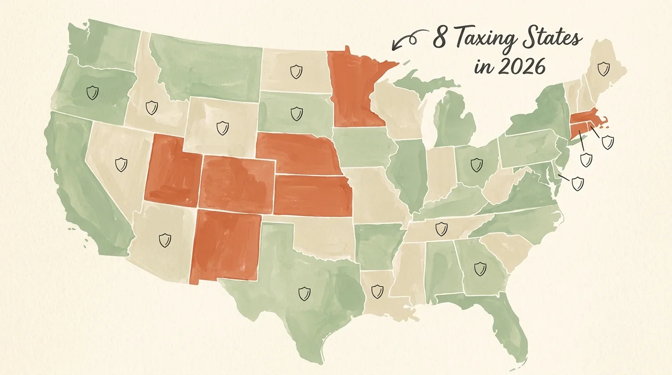 A stylized gouache map of the United States highlighting the eight states that continue to tax Social Security in 2026.