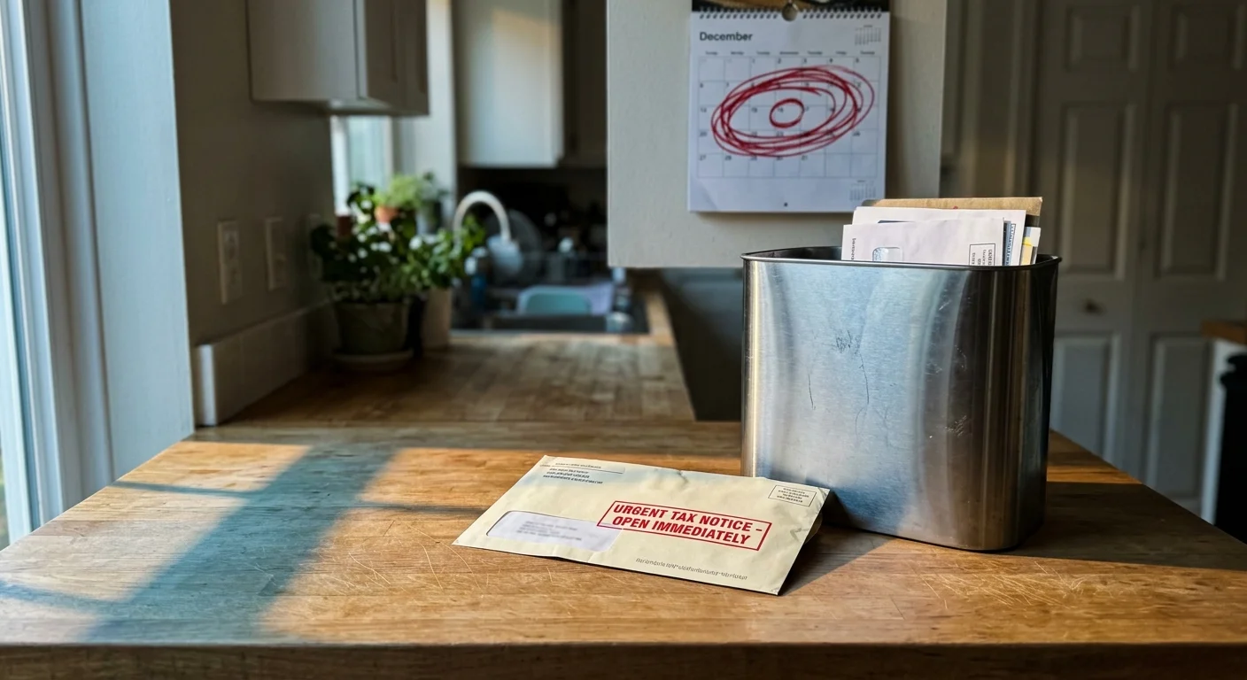 A suspicious mail envelope with a red warning stamp discarded on a counter next to a recycling bin.