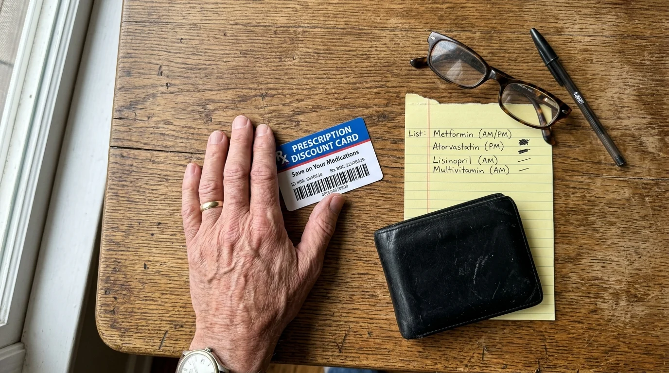 A top-down photo of an older hand holding a prescription discount card next to a wallet and handwritten medication list on a wooden table.
