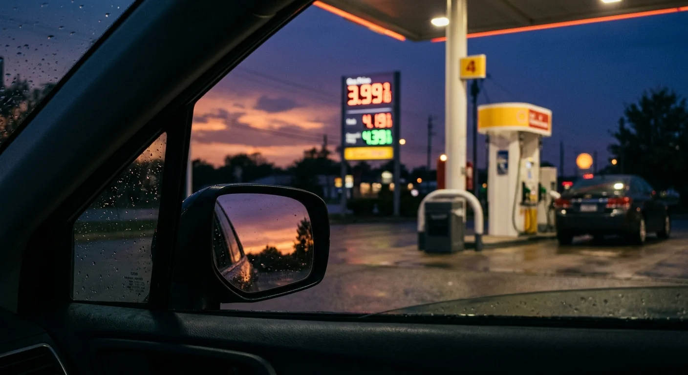 A twilight photograph looking out of a car window towards the glowing price numbers of a gas station sign.