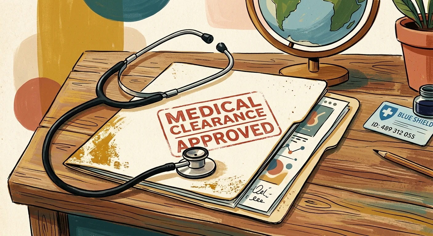 A warm gouache illustration of a medical clearance folder stamped 'Approved' alongside a stethoscope and a stylized globe.
