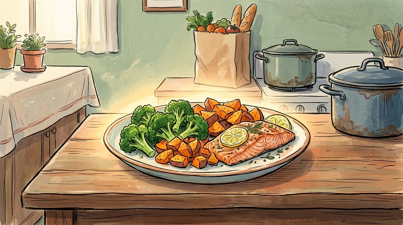 A warm gouache illustration of a nourishing meal radiating light on a kitchen table, symbolizing health and relief.
