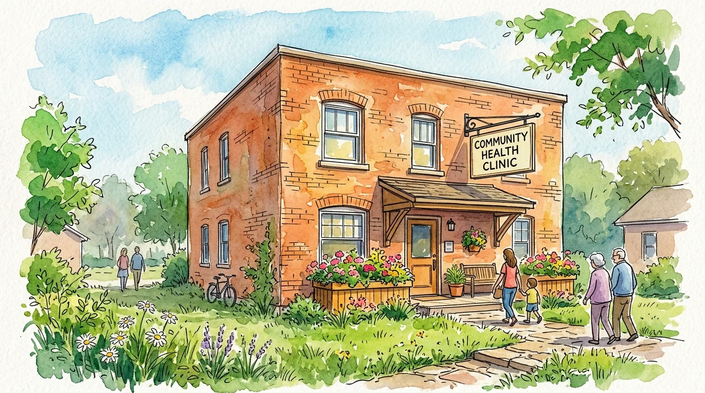 A warm ink and watercolor illustration of a welcoming local brick community health clinic.
