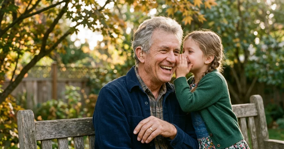 A warm photo of an older man laughing as his granddaughter whispers a secret, highlighting a tiny, discreet hearing aid.