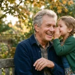 A warm photo of an older man laughing as his granddaughter whispers a secret, highlighting a tiny, discreet hearing aid.