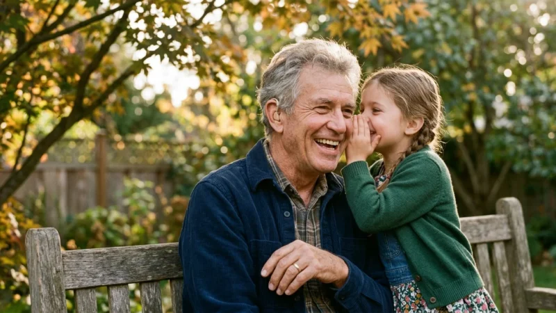 A warm photo of an older man laughing as his granddaughter whispers a secret, highlighting a tiny, discreet hearing aid.