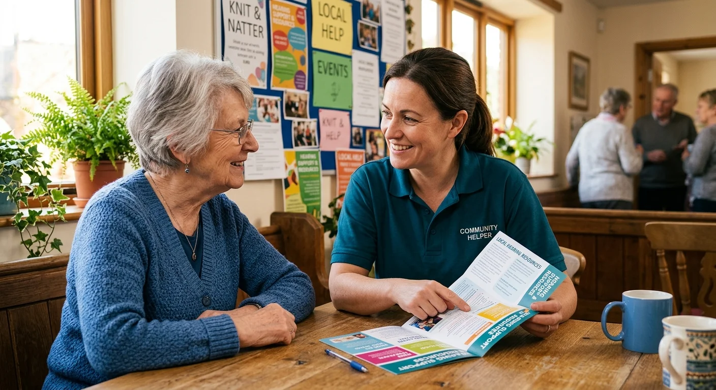 A warm photo of an older woman discussing local community resources with a volunteer in a sunlit community room.