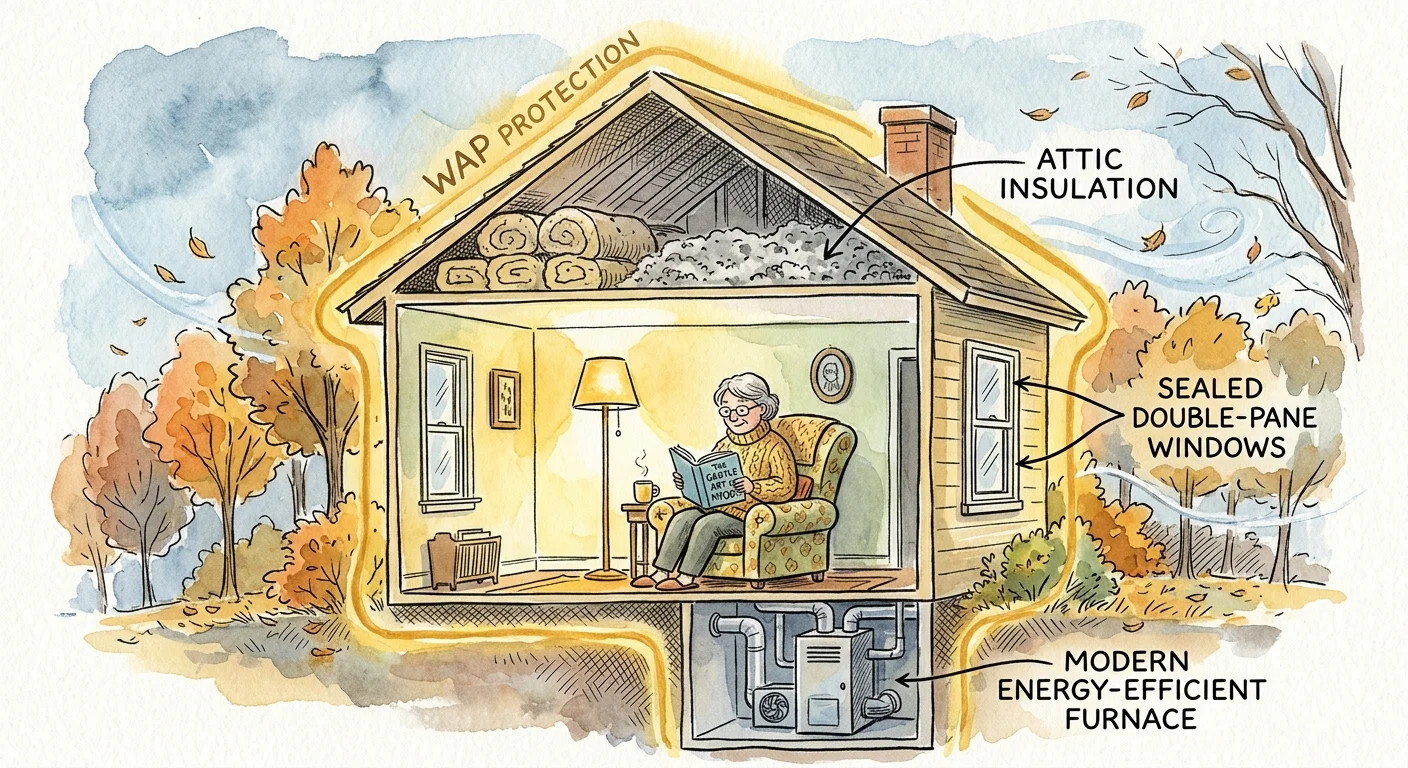 A warm watercolor illustration of a house with attic insulation and sealed windows, keeping a cozy senior warm inside.