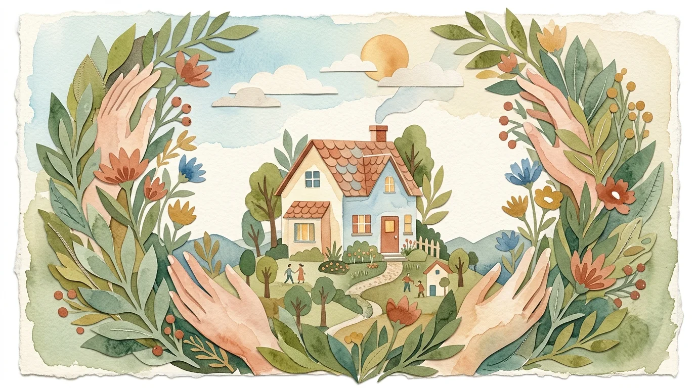 A watercolor and cut-paper collage showing a house cradled by supportive green leaves, representing community care.