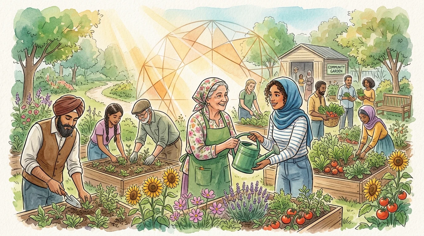 A watercolor illustration of a diverse group of volunteers helping an older woman in a sun-drenched community garden.