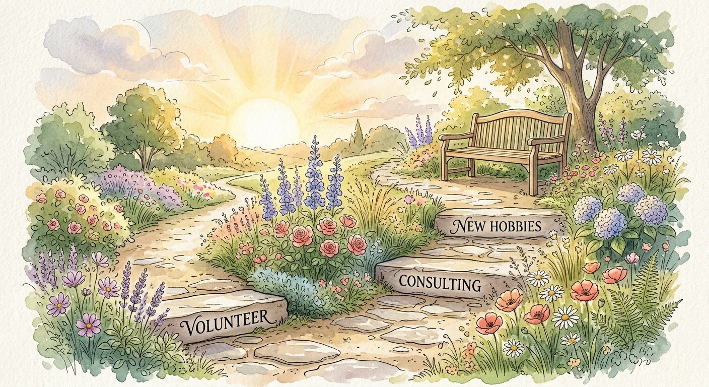 A watercolor illustration of a garden path with stepping stones labeled 'Volunteer', 'Consulting', and 'New Hobbies'.