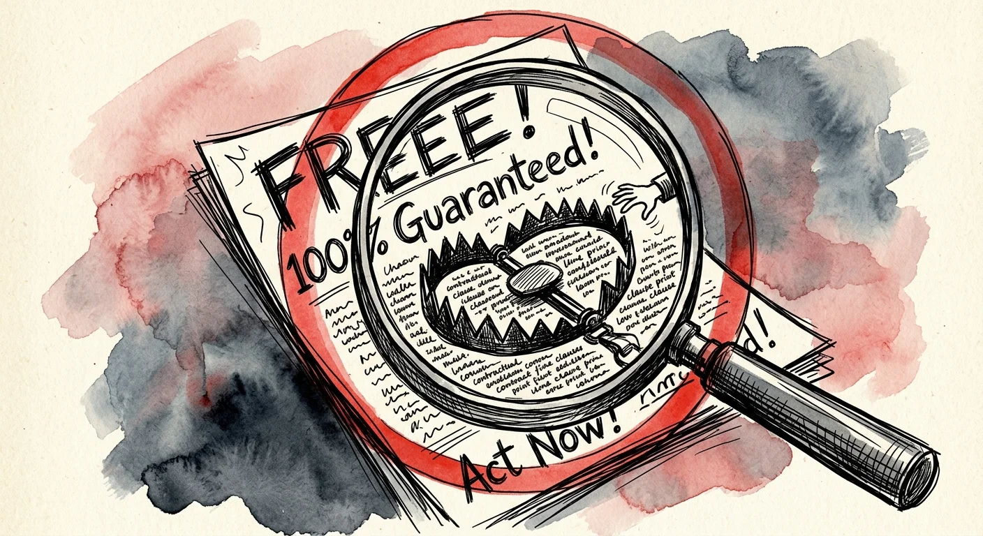 A watercolor illustration of a magnifying glass inspecting a sketchy advertisement to reveal hidden red flags.