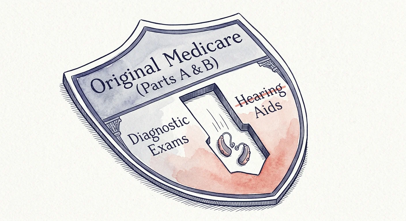 A watercolor illustration showing a Medicare shield with a gap where hearing aid coverage is excluded.