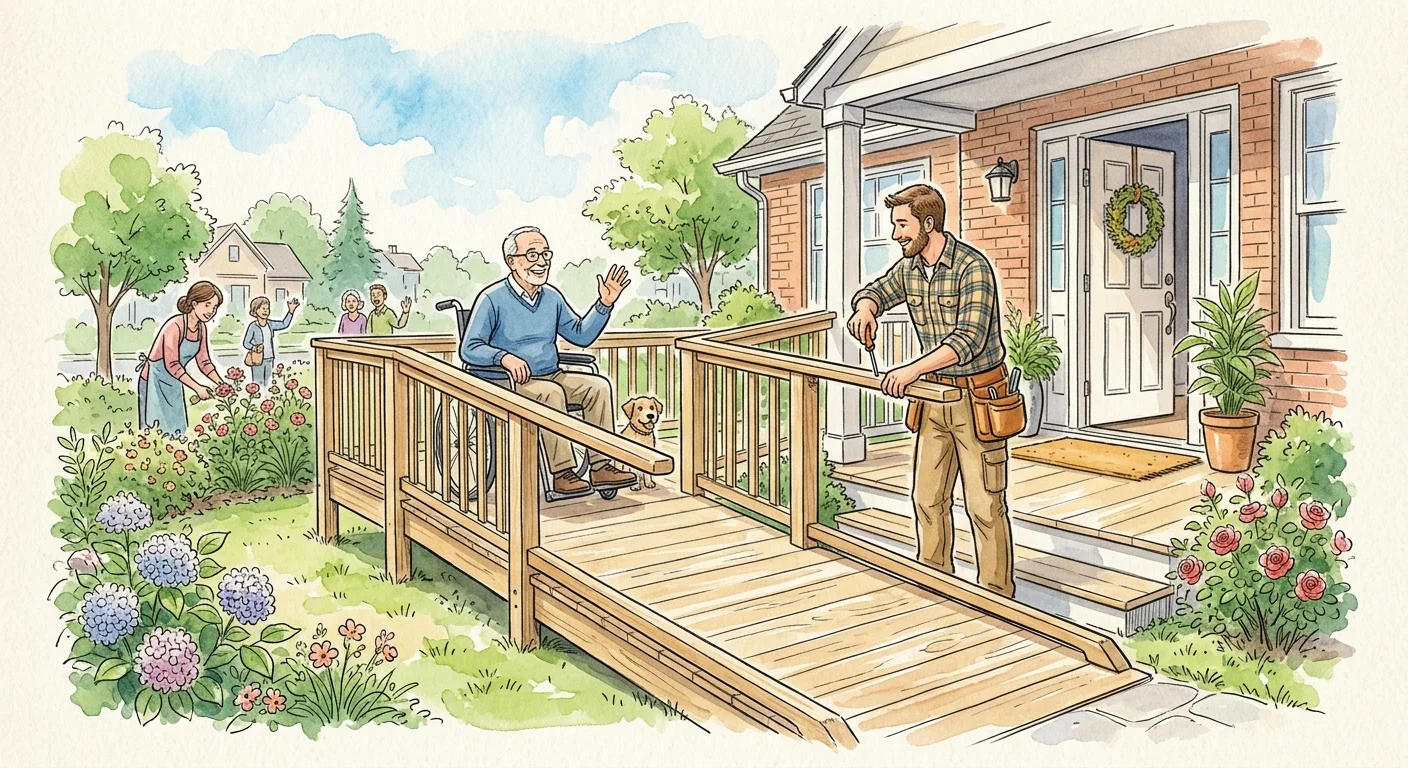 A watercolor sketch of a senior using a sturdy wooden wheelchair ramp installed by volunteers at his home entrance.