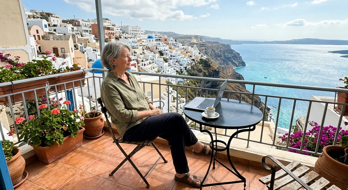 A woman sits on a sunny balcony with a closed laptop, looking out at a seaside village.