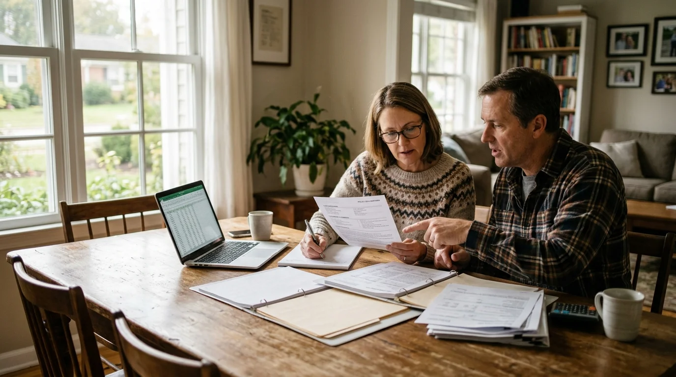 A man and woman sit at a wooden table reviewing printed documents beside an open laptop.