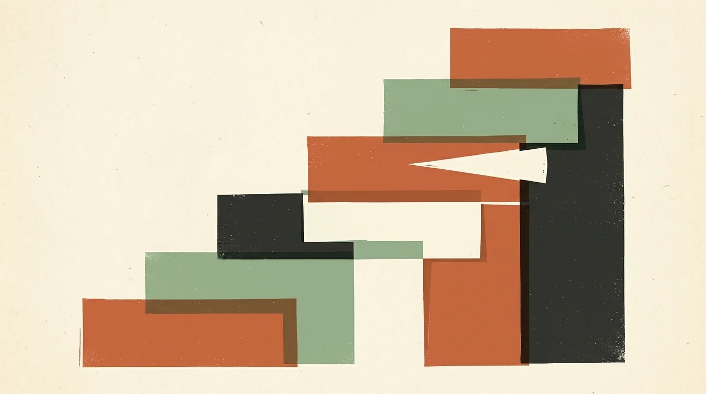An abstract mid-century screenprint illustration showing ascending blocks with a piece removed, symbolizing tax deductions.