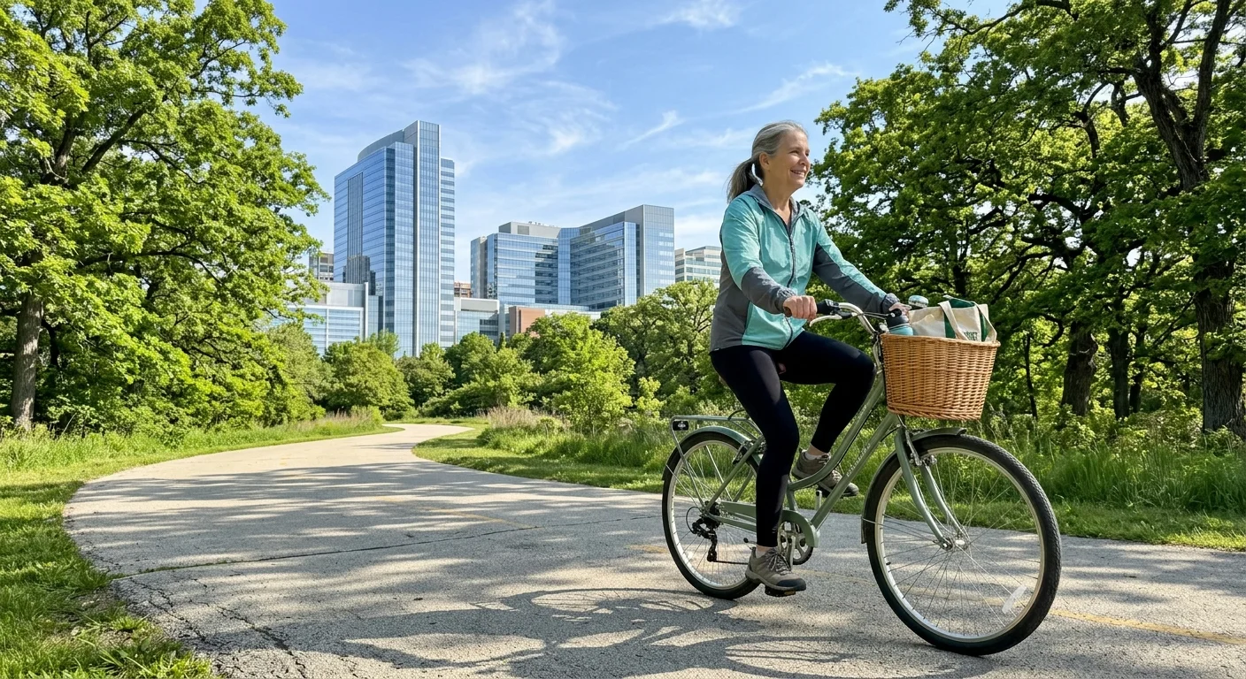 An active senior woman rides a bicycle in a sunny city park with a modern medical campus visible in the background.