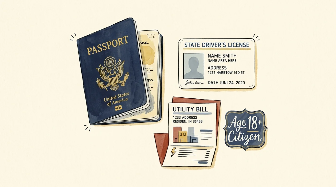 An artistic flat-lay illustration displaying a passport, driver's license, and utility bill, representing voting requirements.