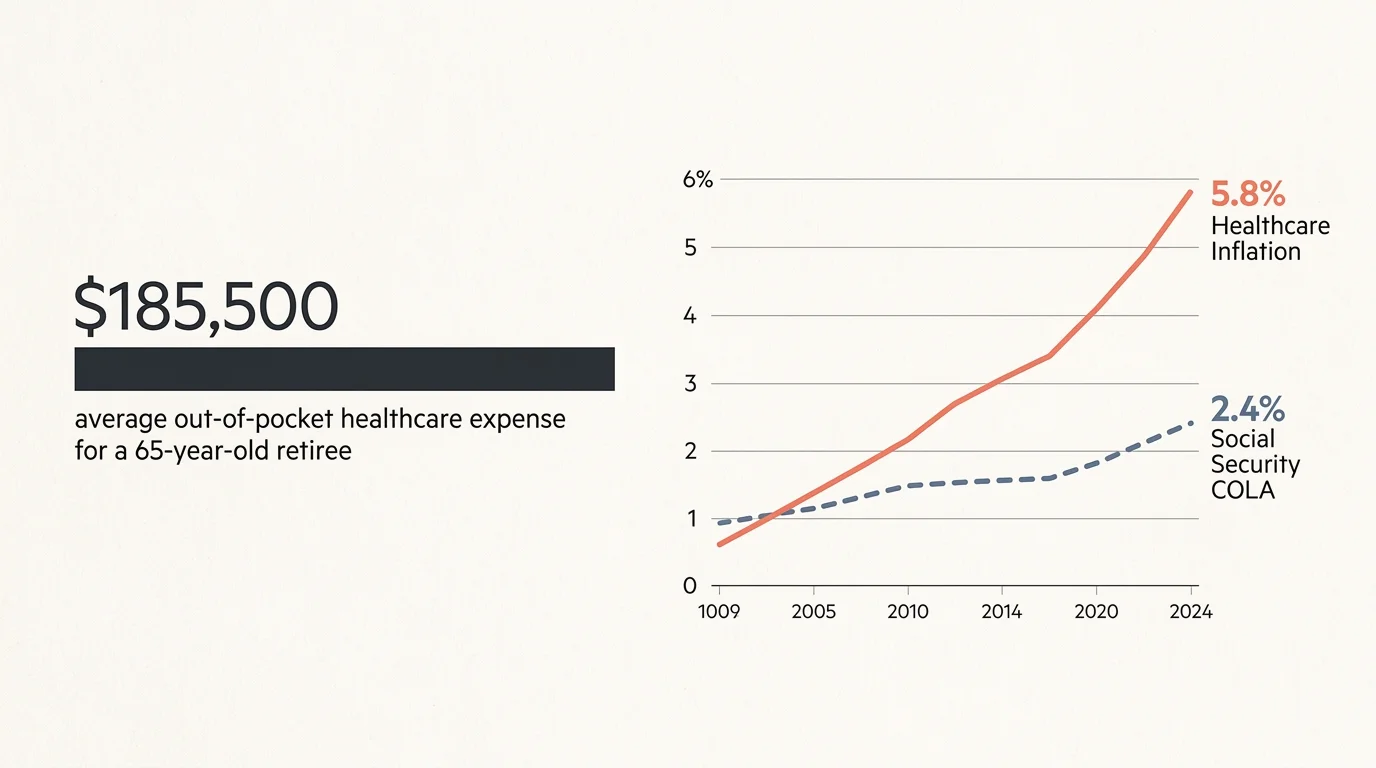 An editorial chart comparing the $185,500 average retirement healthcare cost and the 5.8% medical inflation rate.