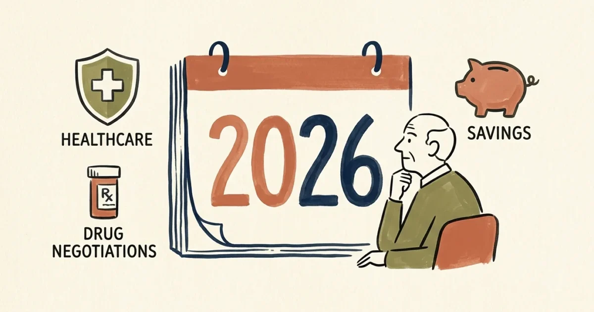 An editorial gouache illustration of a 2026 calendar page surrounded by retirement, healthcare, and savings icons.