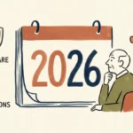 An editorial gouache illustration of a 2026 calendar page surrounded by retirement, healthcare, and savings icons.