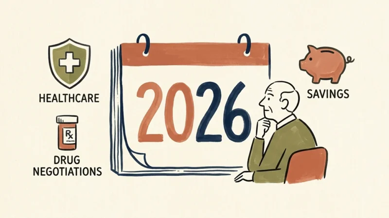 An editorial gouache illustration of a 2026 calendar page surrounded by retirement, healthcare, and savings icons.
