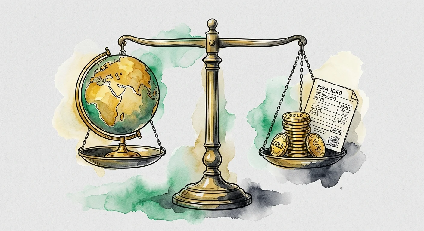 An editorial illustration of a brass scale balancing a globe against a stack of gold coins and a tax document.