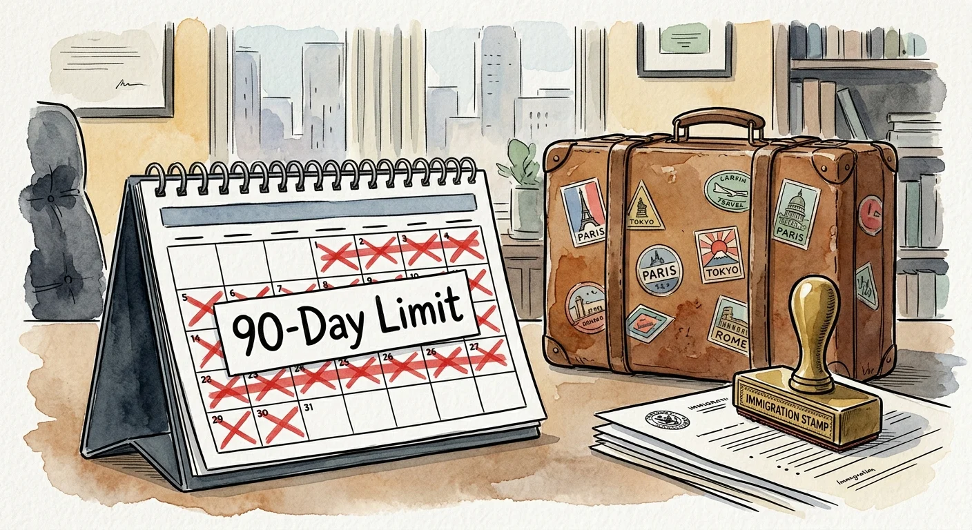 An editorial illustration of a desk calendar with days crossed out up to a '90-Day Limit' label next to a suitcase and immigration stamp.