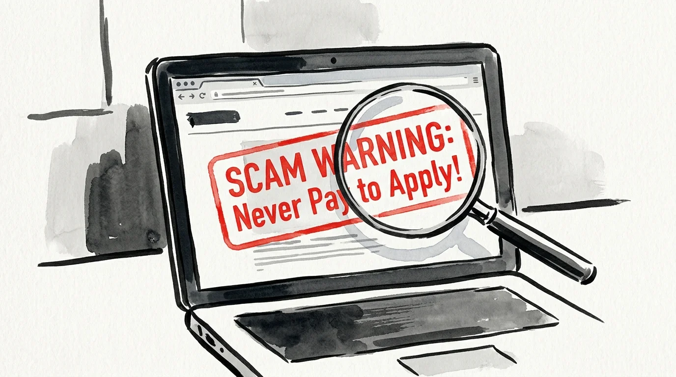 An editorial illustration of a laptop with a giant red stamp warning against paying to apply for medication programs.