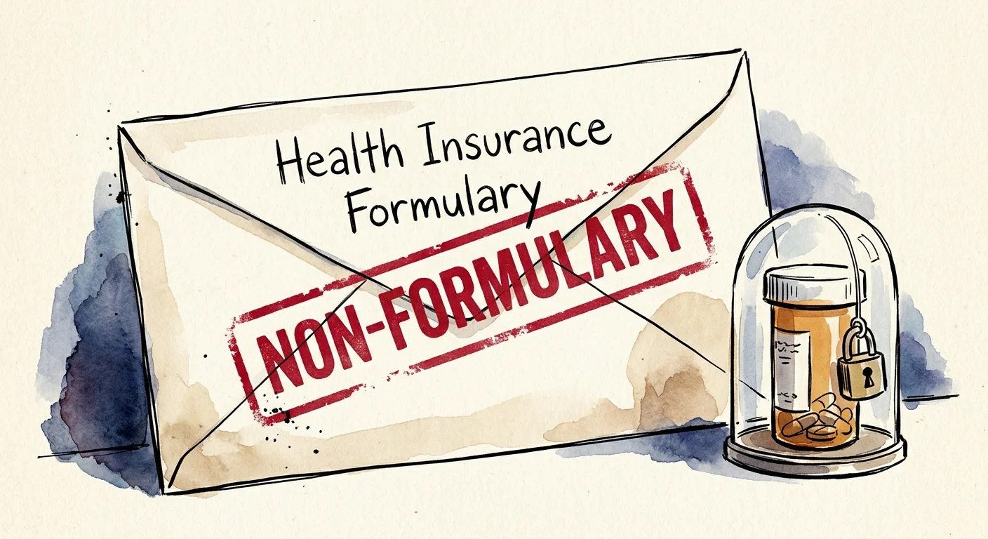 An editorial ink and watercolor illustration of an insurance envelope stamped non-formulary next to a locked pill bottle.