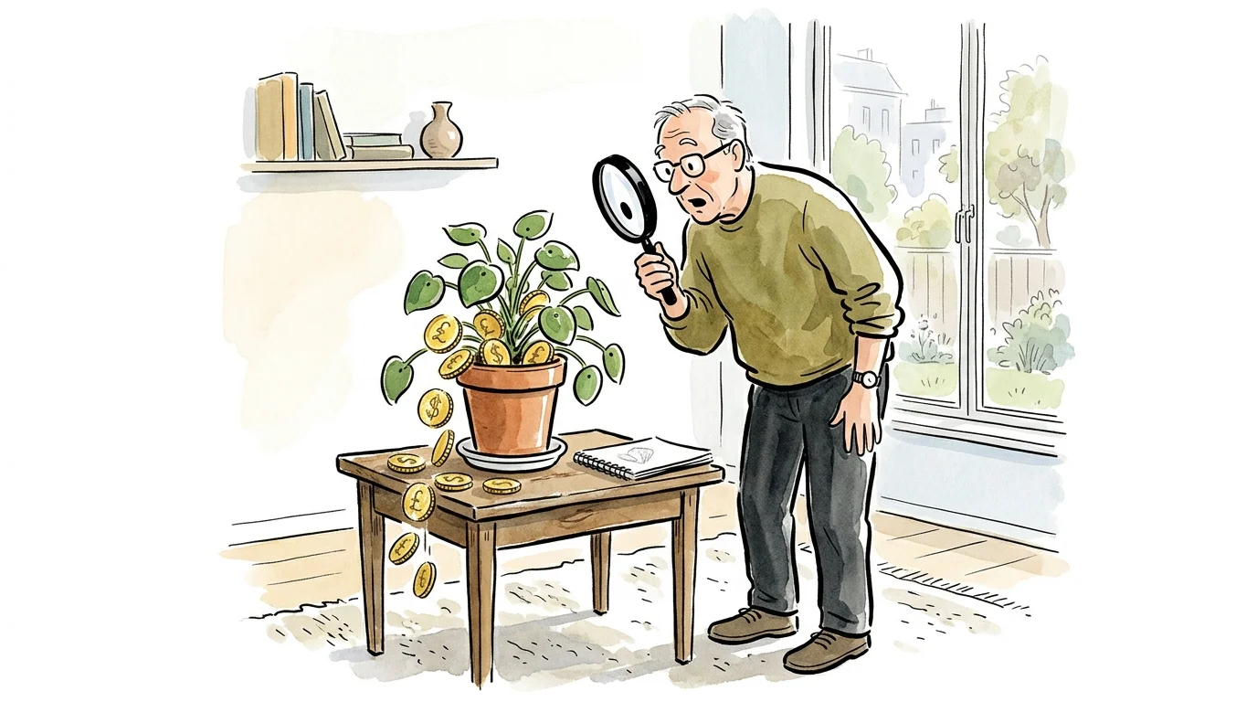 An editorial ink and watercolor illustration of an older person surprised by giant golden coins growing out of a potted houseplant.
