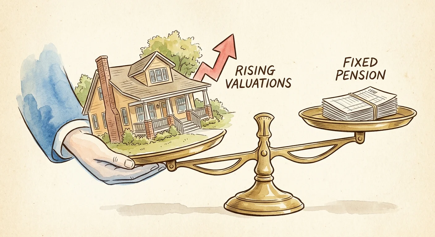 An editorial watercolor illustration of a house and a pension ledger balancing on a vintage scale.