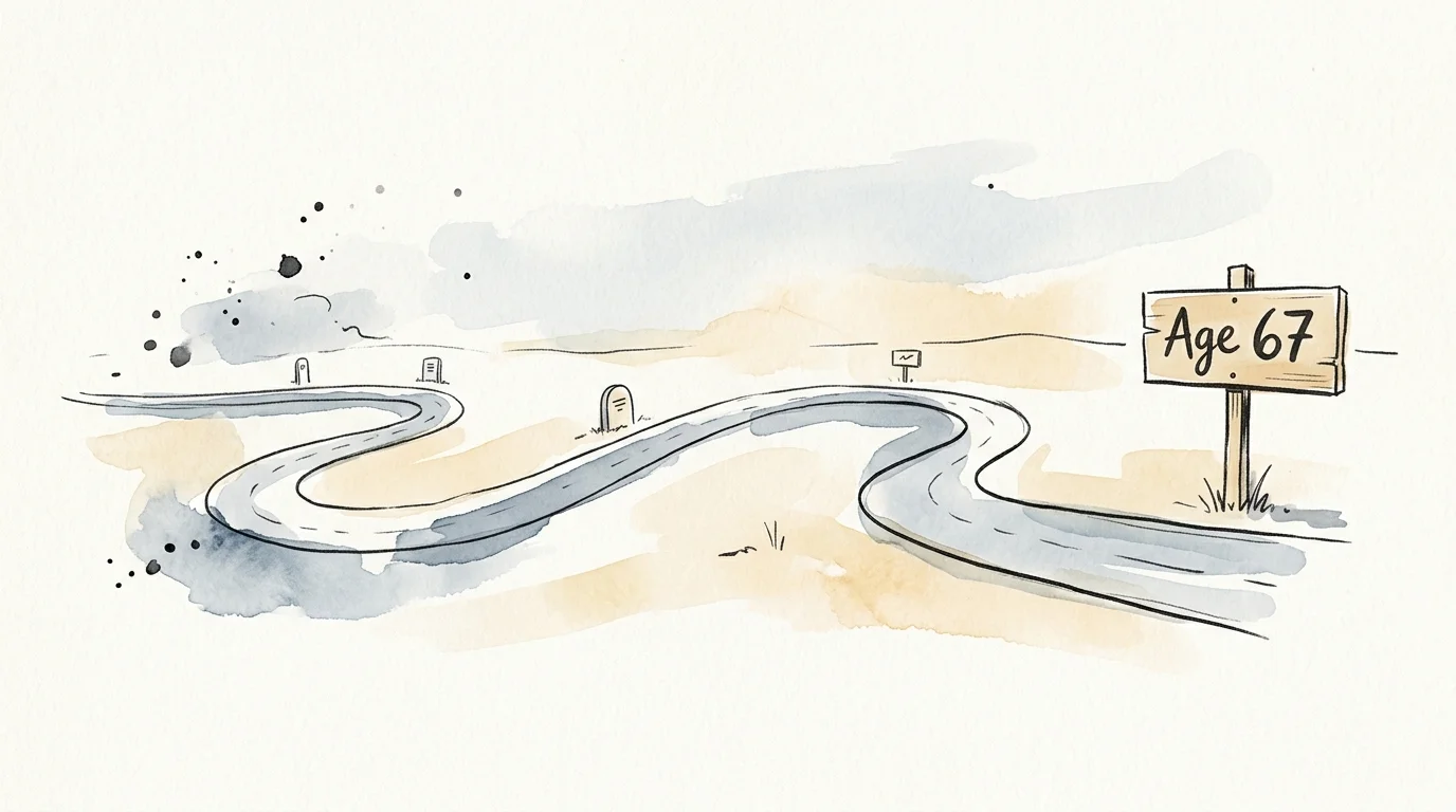 An editorial watercolor illustration of a winding pathway leading to a signpost marked 'Age 67'.