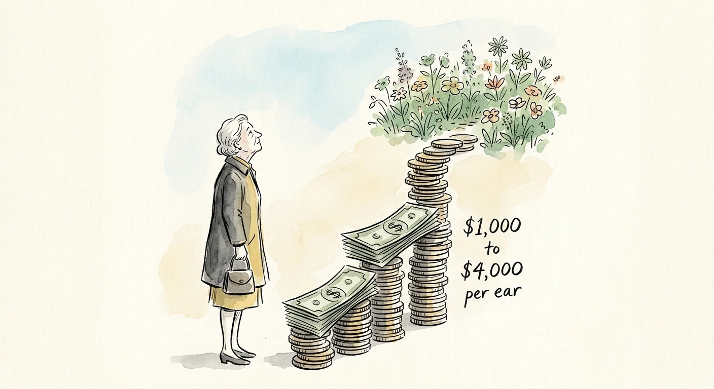 An editorial watercolor illustration of an older woman looking up at a steep path of coins representing high hearing aid costs.