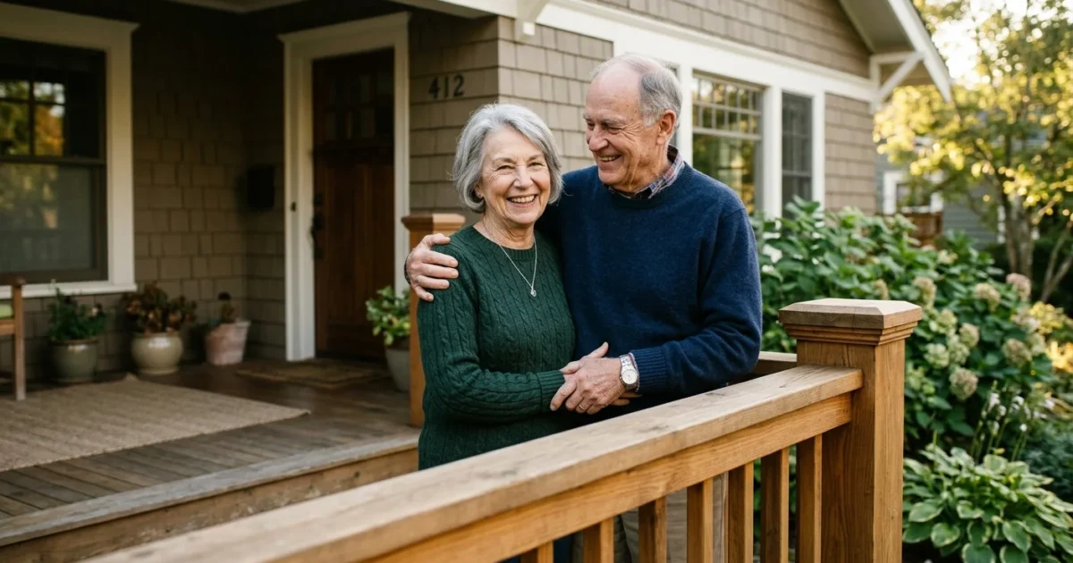 An elderly couple stands happily on their newly repaired front porch, holding a sturdy wooden handrail under warm sunlight.