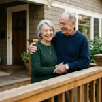 An elderly couple stands happily on their newly repaired front porch, holding a sturdy wooden handrail under warm sunlight.