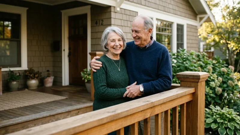 An elderly couple stands happily on their newly repaired front porch, holding a sturdy wooden handrail under warm sunlight.